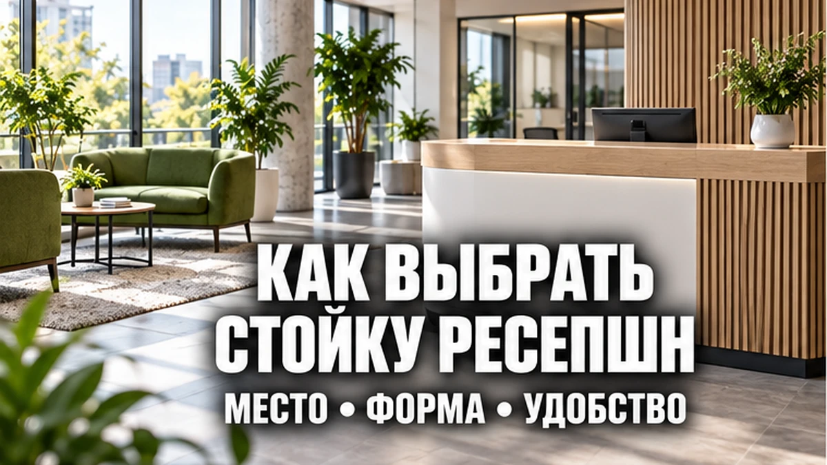 Стойка ресепшн в светлой приёмной; на изображении встроена надпись «Как выбрать стойку ресепшн»