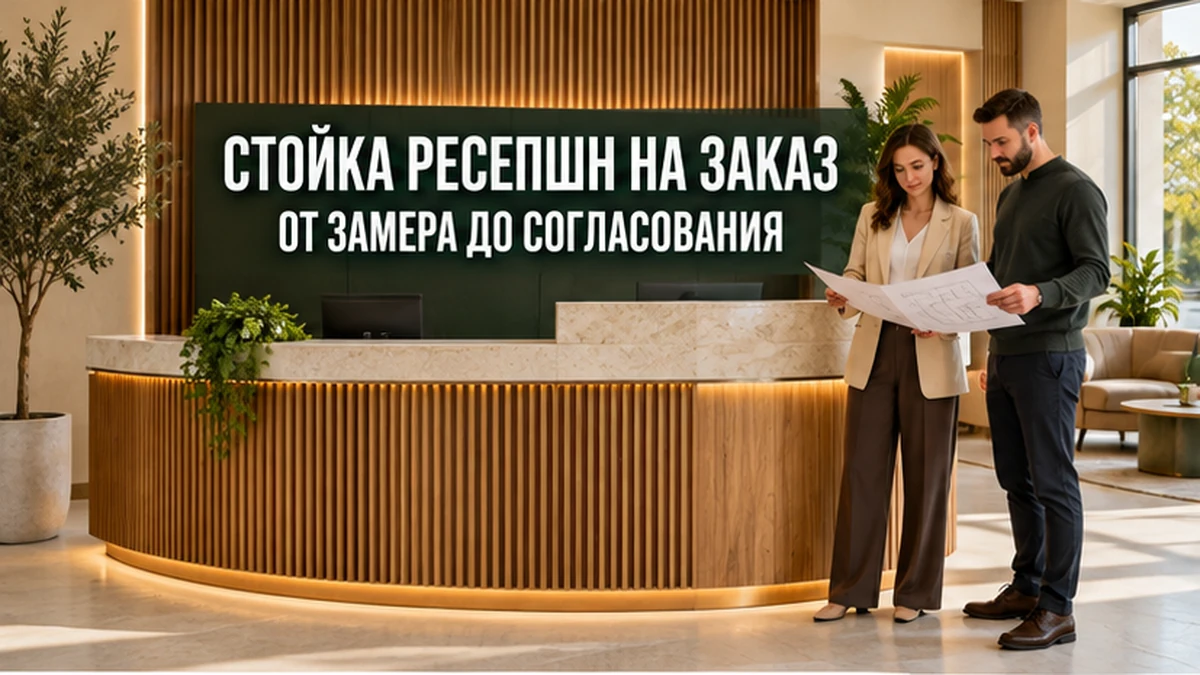 Заказчик и специалист рассматривают эскиз стойки ресепшн рядом с планом помещения