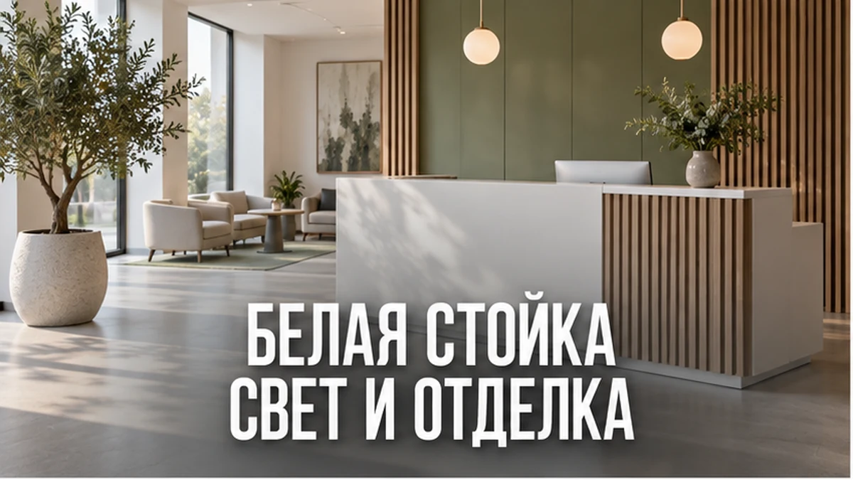 Белая стойка ресепшн в светлой входной зоне офиса
