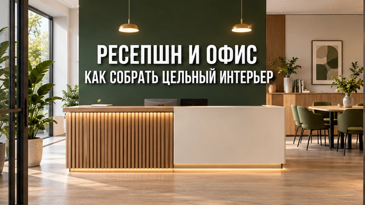 Концептуальная приёмная со стойкой ресепшн, шкафом и столом в согласованной палитре
