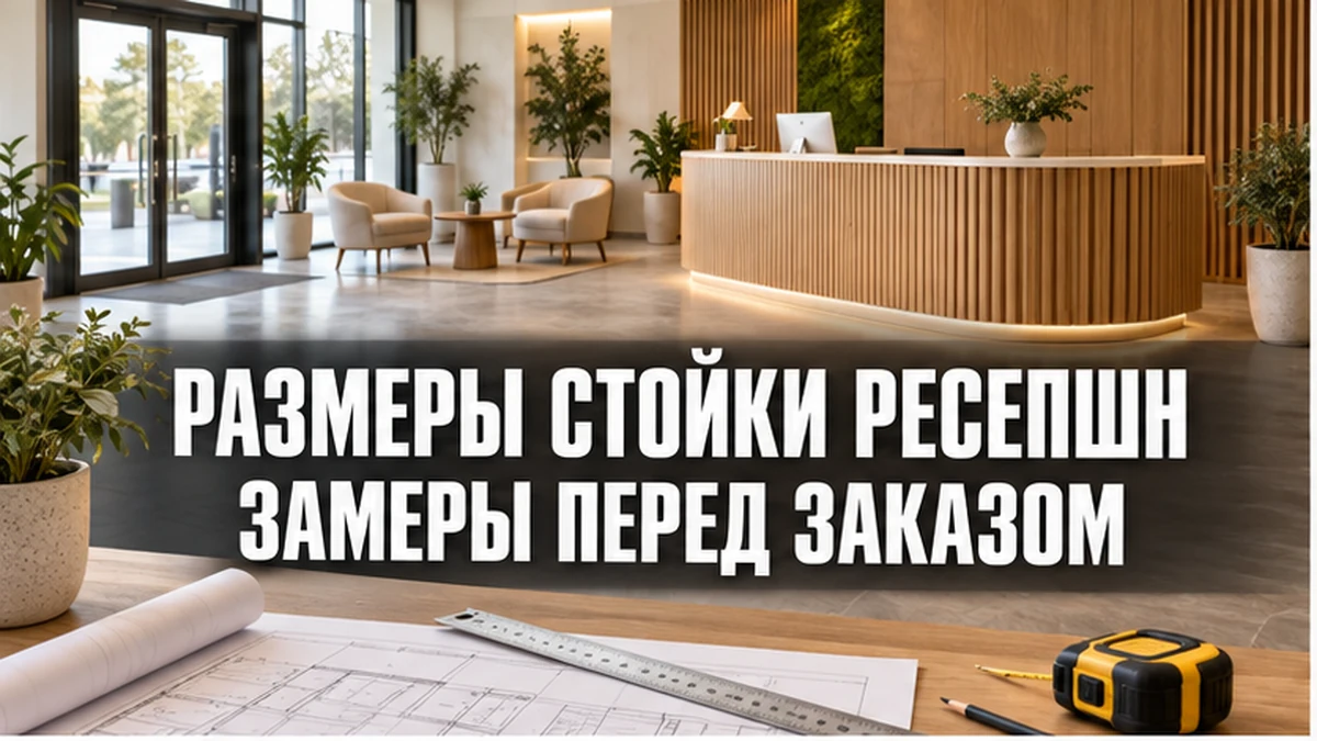 Обложка с надписью «Замеры для стойки ресепшн: проёмы, проходы, план» на фоне офисной приёмной