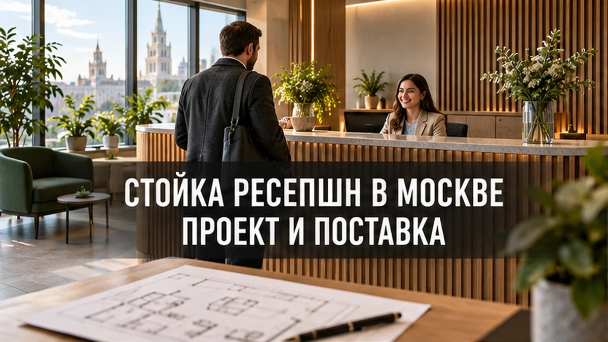 Современная офисная приёмная с индивидуальной стойкой и планом помещения