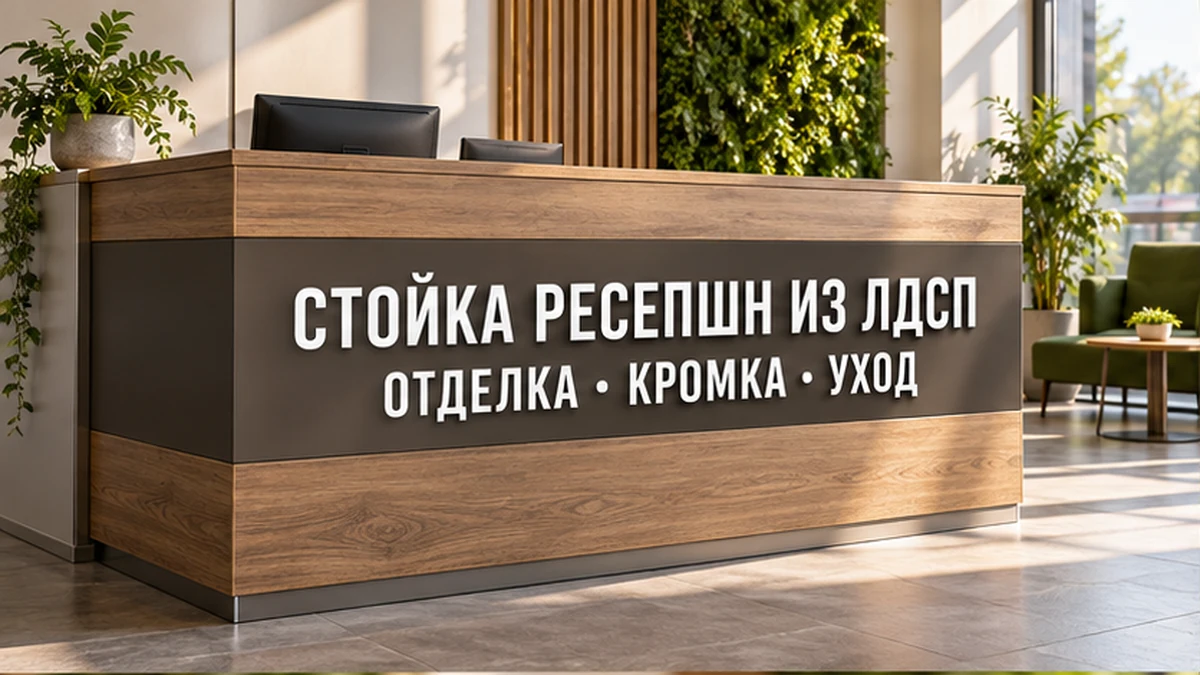 Стойка ресепшн с древесным декором и видимой обработанной кромкой