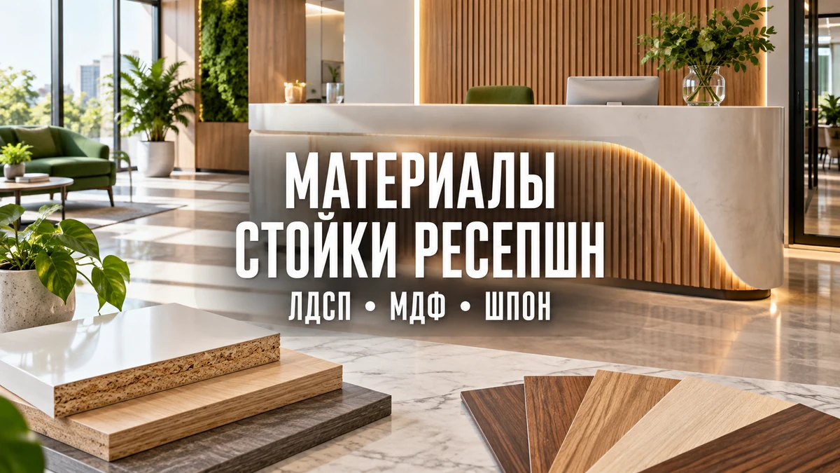Стойка ресепшн с разными по назначению лицевой и рабочей поверхностями в офисной входной зоне