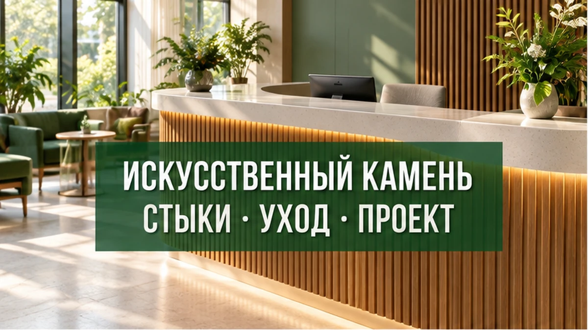 Концептуальная стойка с отделкой под светлый искусственный камень в офисном холле
