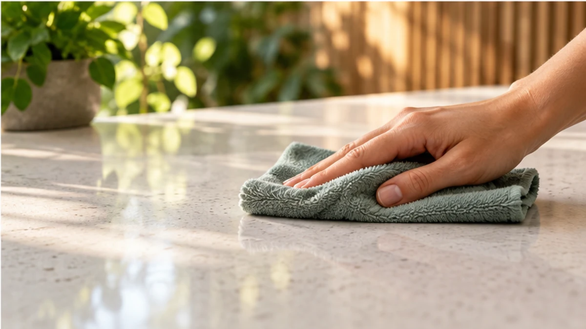 Рука протирает светлую поверхность стойки мягкой тканью