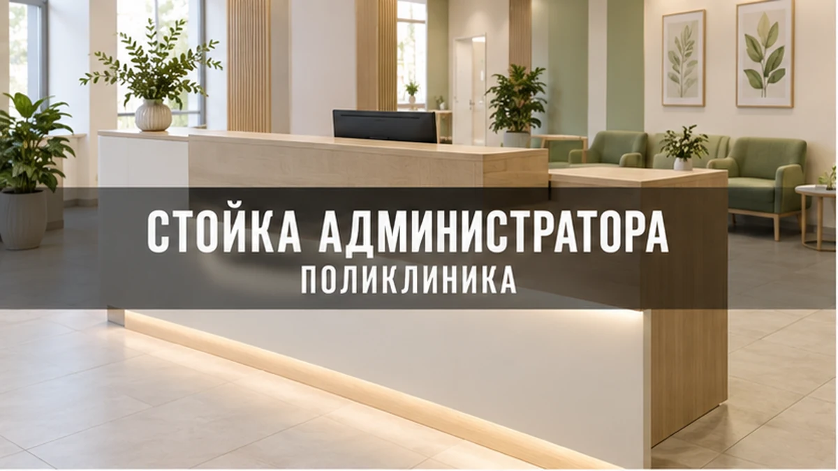 Стойка в светлом помещении с надписью «Стойка администратора. Поликлиника»