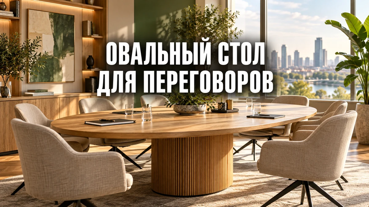 Овальный переговорный стол с креслами в офисной комнате с окнами