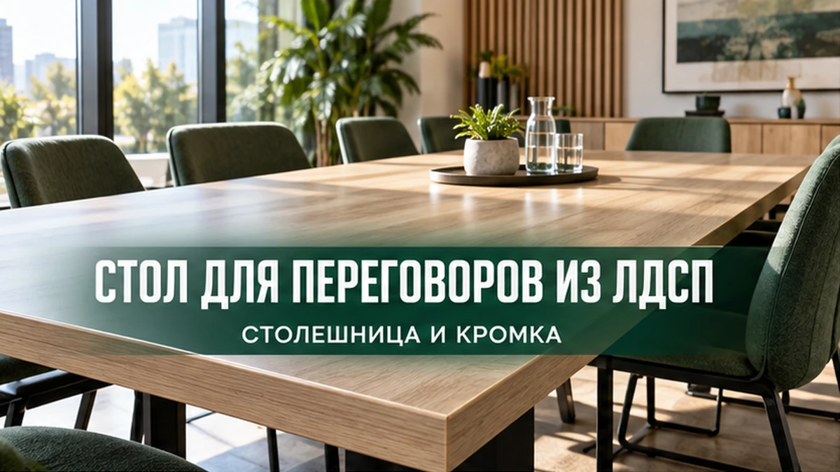 Переговорный стол из светлой ламинированной плиты, снятый так, чтобы были видны поверхность и передний торец