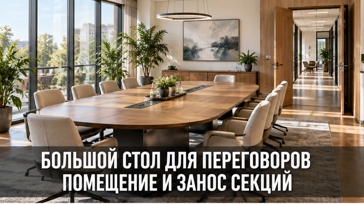 Большой стол для переговоров в светлом современном офисе