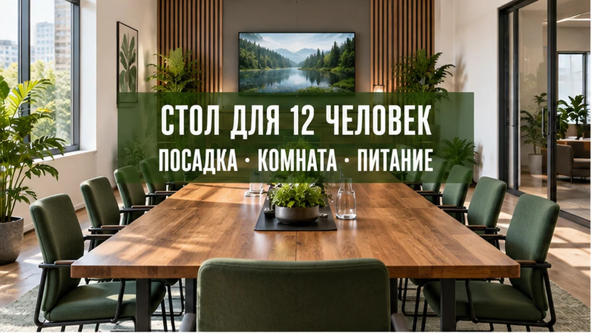 Большой переговорный стол с двенадцатью креслами в современной офисной комнате