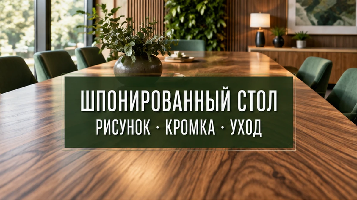 Шпонированная поверхность переговорного стола с видимым переходом древесного рисунка между листами