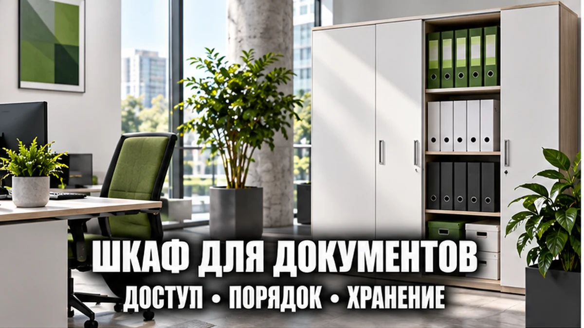 Шкаф для документов в светлом офисе, рядом разложены папки для текущей и справочной работы