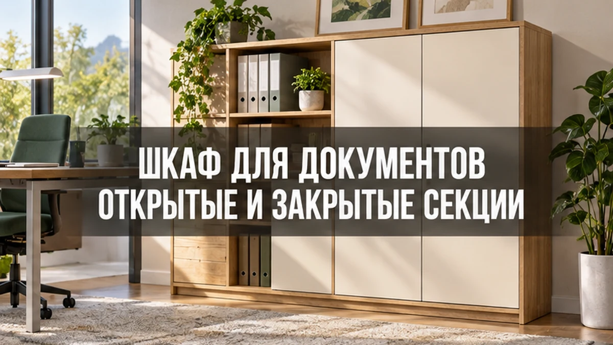 Офисный шкаф с открытыми полками для папок и закрытыми секциями