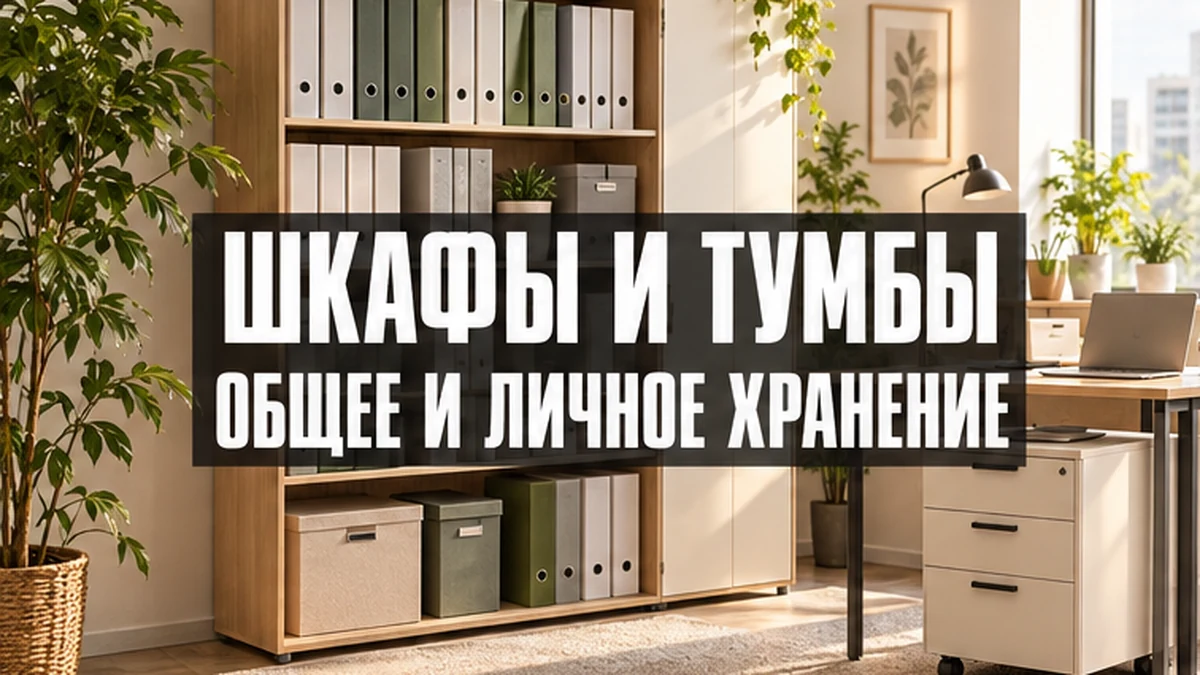 Офисный шкаф для общих запасов рядом с рабочей тумбой для личных принадлежностей