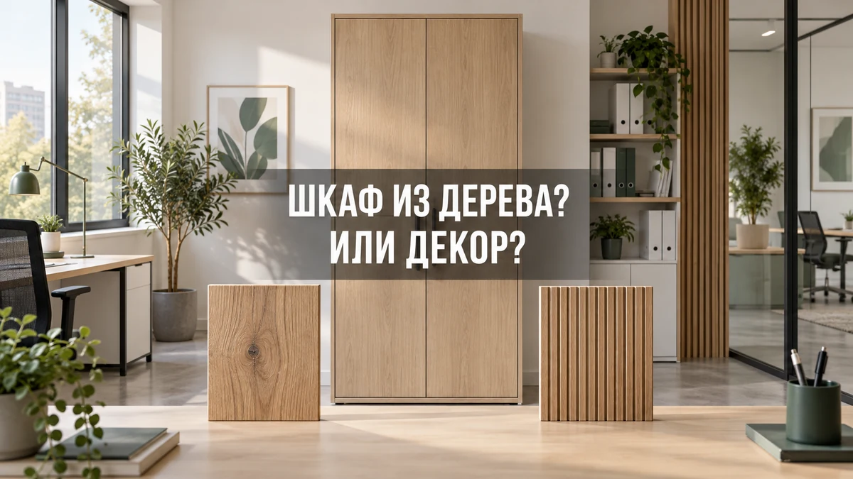 Офисный шкаф с древесным рисунком в светлом кабинете рядом с образцами оттенков
