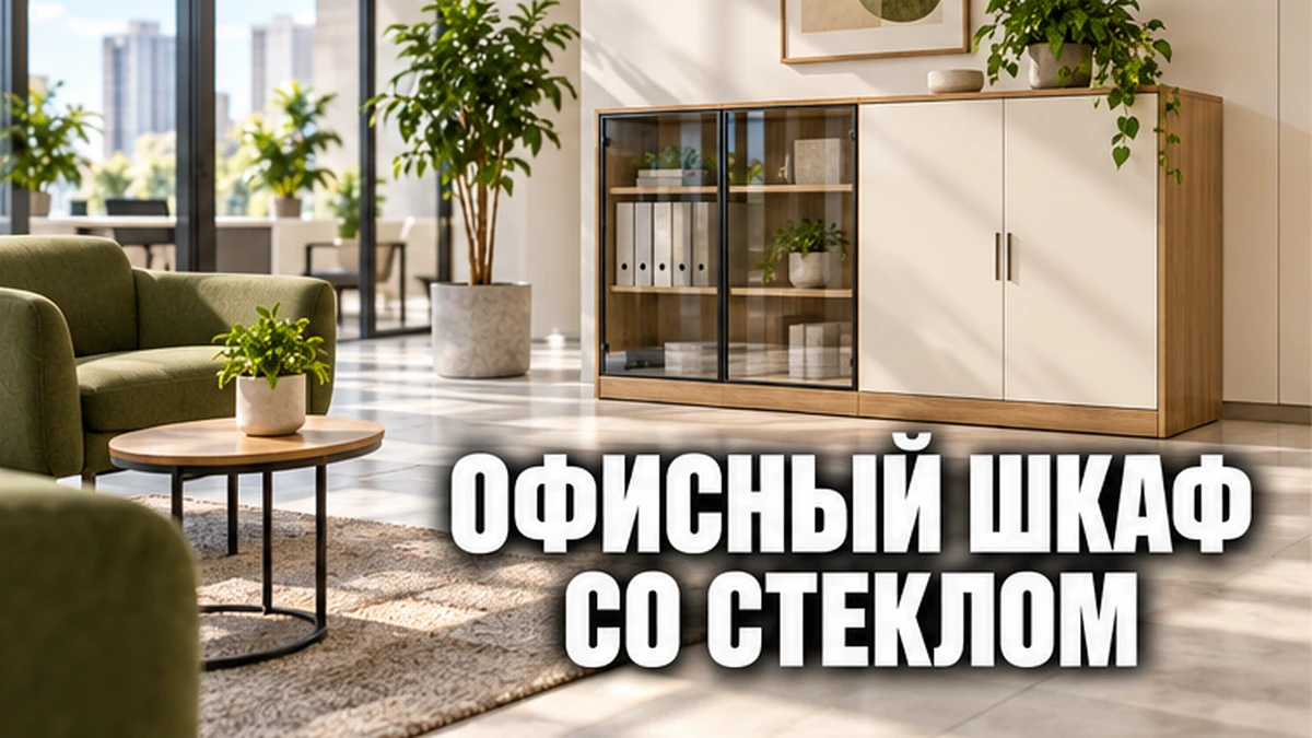 Офисный шкаф со стеклянными фасадами в светлой приёмной рядом с зоной ожидания