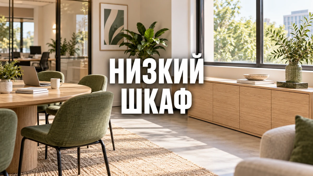 Низкий офисный шкаф вдоль стены приёмной, не закрывающий обзор помещения