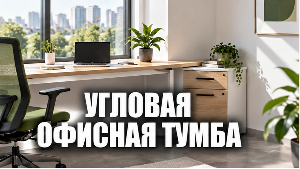Светлый кабинет с рабочим столом и тумбой в углу рядом со свободным проходом